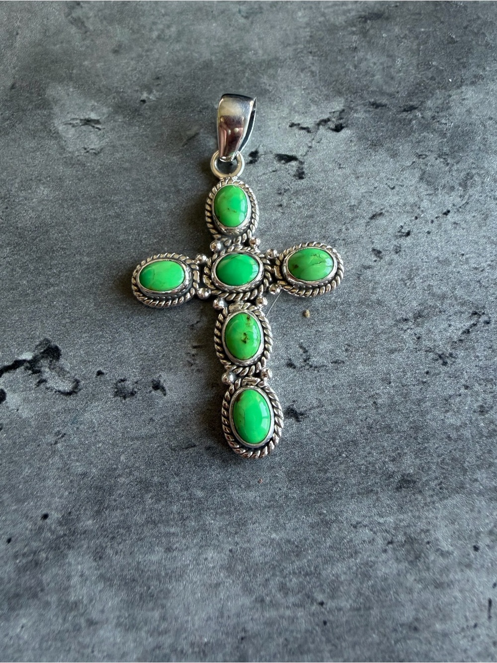 Sterling Silver Cross Pendant with Green Mojave Turquoise Stones